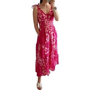 La Plage Boutique Pink Block Print Cotton Smocked Tiered Tie Maxi Dress Beach